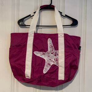 Llbean medium zip top nylon pink starfish print